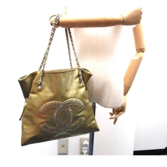 Authentic Chanel Chain Tote yellow gold Patent leather Shoulder Bag Rhinestone